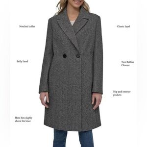 DKNY Women's Double Breasted Faux Wool Top Coat/Overcoat Grey/Black Herringbone